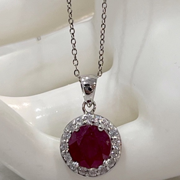 Niassa Ruby White Zircon Sterling Silver Halo Pendant Necklace - Picture 7 of 14
